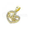 Oro Laminado Fancy Pendant, Gold Filled Style Mom and Heart Design, with White Micro Pave, Polished, Golden Finish, 05.102.0020