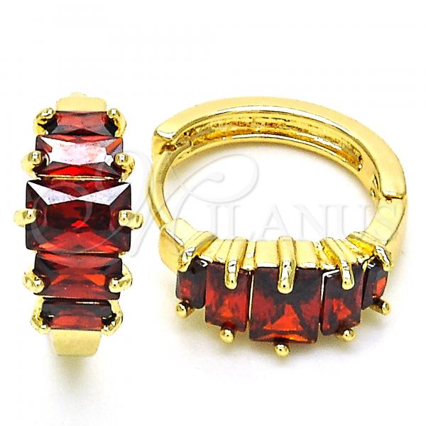 Oro Laminado Huggie Hoop, Gold Filled Style with Garnet Cubic Zirconia, Polished, Golden Finish, 02.316.0052.15