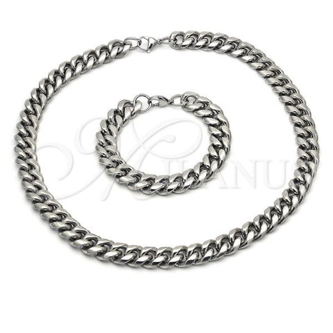 Stainless Steel Necklace and Bracelet, Miami Cuban Design, Polished, Steel Finish, 06.116.0034