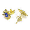 Oro Laminado Stud Earring, Gold Filled Style Evil Eye Design, with Multicolor Micro Pave, Blue Enamel Finish, Golden Finish, 02.381.0003