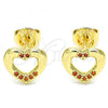 Oro Laminado Stud Earring, Gold Filled Style Heart Design, with Garnet Micro Pave, Polished, Golden Finish, 02.156.0469.2