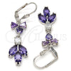 Rhodium Plated Long Earring, Leaf and Heart Design, with Amethyst and White Cubic Zirconia, Polished, Rhodium Finish, 02.205.0055.8