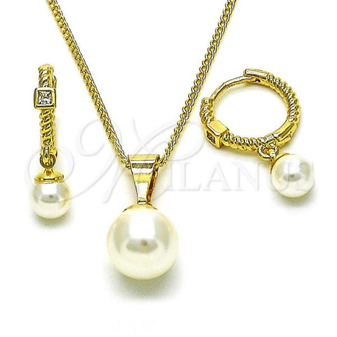 Oro Laminado Earring and Pendant Adult Set, Gold Filled Style Ball and Twist Design, with Ivory Pearl and White Cubic Zirconia, Polished, Golden Finish, 10.195.0062