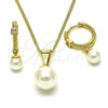 Oro Laminado Earring and Pendant Adult Set, Gold Filled Style Ball and Twist Design, with Ivory Pearl and White Cubic Zirconia, Polished, Golden Finish, 10.195.0062