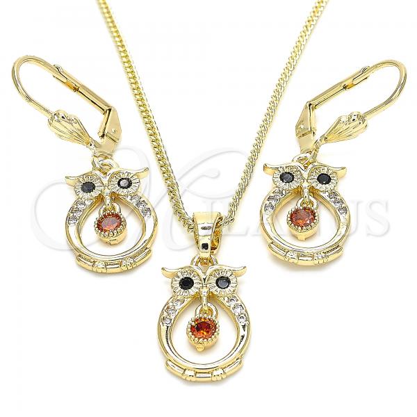 Oro Laminado Earring and Pendant Adult Set, Gold Filled Style Owl Design, with Garnet and Black Cubic Zirconia, Polished, Golden Finish, 10.210.0114.1