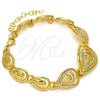 Oro Laminado Fancy Bracelet, Gold Filled Style Teardrop and Greek Key Design, with White Crystal, Polished, Golden Finish, 03.241.0003.08