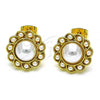 Oro Laminado Stud Earring, Gold Filled Style Flower Design, with Ivory Pearl, Polished, Golden Finish, 02.379.0040