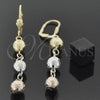 Oro Laminado Long Earring, Gold Filled Style Ball and Flower Design, Diamond Cutting Finish, Tricolor, 5.117.014