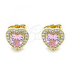 Oro Laminado Stud Earring, Gold Filled Style Heart Design, with Pink Cubic Zirconia and White Micro Pave, Polished, Golden Finish, 02.210.0476.3