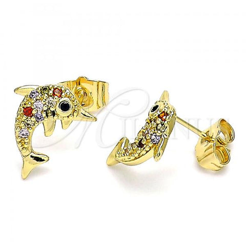 Oro Laminado Stud Earring, Gold Filled Style Dolphin Design, with Multicolor Micro Pave, Polished, Golden Finish, 02.284.0044.1