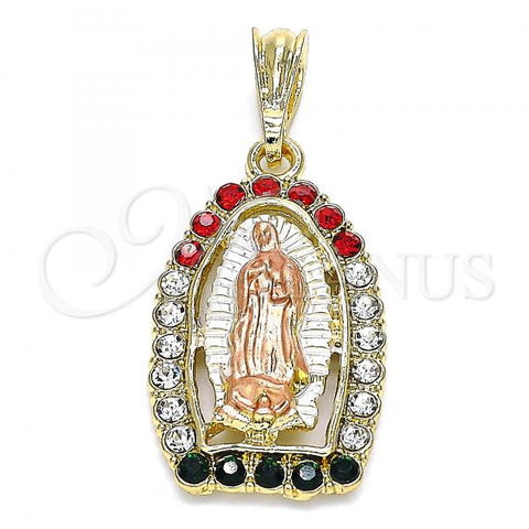 Oro Laminado Religious Pendant, Gold Filled Style Guadalupe Design, with Multicolor Crystal, Polished, Tricolor, 05.380.0048.1