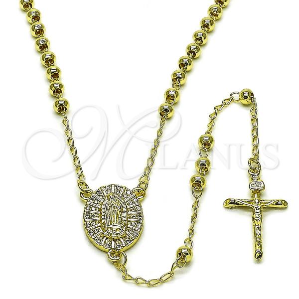 Oro Laminado Thin Rosary, Gold Filled Style Guadalupe and Ball Design, with White Cubic Zirconia, Polished, Golden Finish, 09.213.0068.24