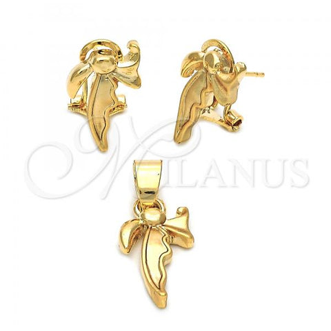 Oro Laminado Earring and Pendant Adult Set, Gold Filled Style Bow Design, Matte Finish, Golden Finish, 10.63.0114