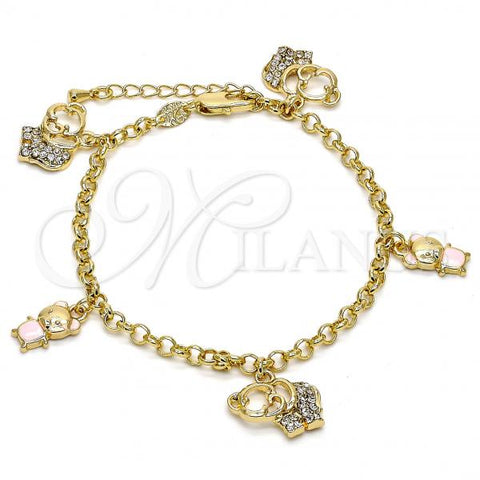 Oro Laminado Charm Bracelet, Gold Filled Style Elephant and Teddy Bear Design, with White Crystal, Enamel Finish, Golden Finish, 03.63.1366.07