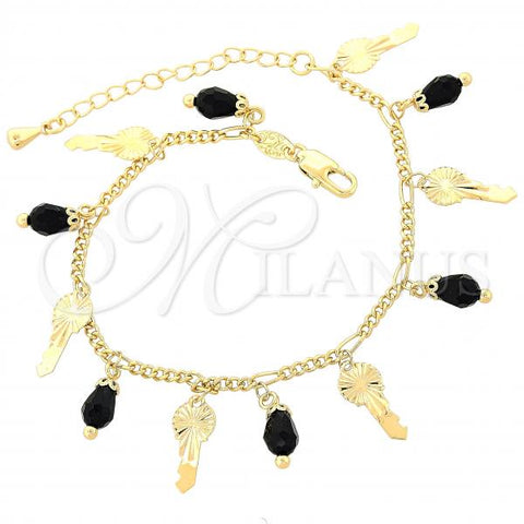 Oro Laminado Charm Bracelet, Gold Filled Style key Design, with Black Crystal, Diamond Cutting Finish, Golden Finish, 03.63.0178.08