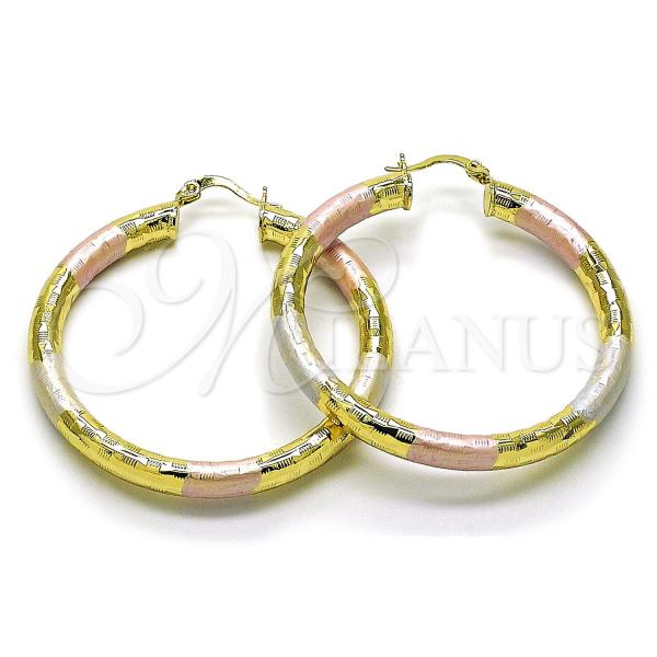 Oro Laminado Large Hoop, Gold Filled Style Hollow Design, Diamond Cutting Finish, Tricolor, 02.213.0313.1.50