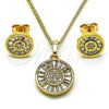 Oro Laminado Earring and Pendant Adult Set, Gold Filled Style with White Cubic Zirconia and White Micro Pave, Polished, Golden Finish, 10.342.0084