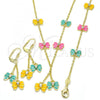 Oro Laminado Earring and Pendant Children Set, Gold Filled Style Butterfly Design, with White Crystal, Multicolor Enamel Finish, Golden Finish, 06.60.0004.4