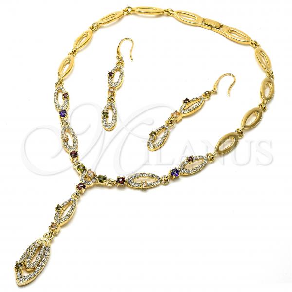 Oro Laminado Necklace and Earring, Gold Filled Style with White Crystal and Garnet Cubic Zirconia, Polished, Golden Finish, 06.59.0092