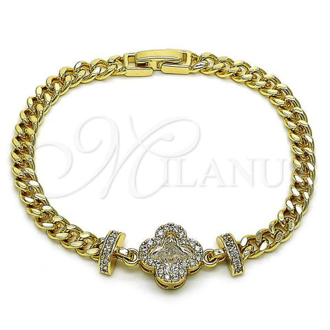 Oro Laminado Fancy Bracelet, Gold Filled Style Four-leaf Clover and Miami Cuban Design, with White Cubic Zirconia and White Micro Pave, Diamond Cutting Finish, Golden Finish, 03.283.0416.07