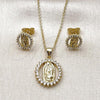 Oro Laminado Earring and Pendant Adult Set, Gold Filled Style Guadalupe Design, with White Cubic Zirconia, Polished, Golden Finish, 10.156.0537