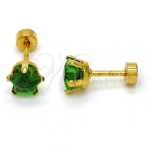 Stainless Steel Stud Earring, Star Design, with Green Cubic Zirconia, Polished, Golden Finish, 02.271.0006.8