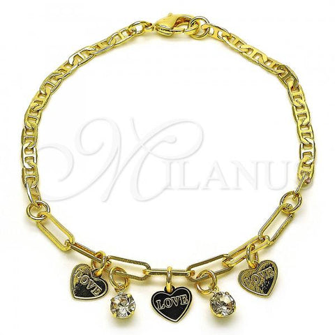 Oro Laminado Charm Bracelet, Gold Filled Style Heart and Paperclip Design, with White Crystal, Polished, Golden Finish, 03.63.2252.08