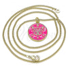 Oro Laminado Pendant Necklace, Gold Filled Style Evil Eye and Star Design, with White Micro Pave, Dark Pink Enamel Finish, Golden Finish, 04.362.0032.2.20