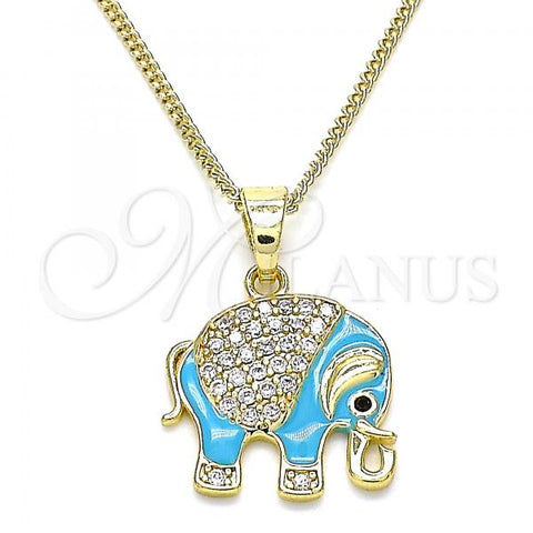 Oro Laminado Pendant Necklace, Gold Filled Style Elephant Design, with White Micro Pave, Turquoise Enamel Finish, Golden Finish, 04.210.0054.2.20