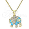 Oro Laminado Pendant Necklace, Gold Filled Style Elephant Design, with White Micro Pave, Turquoise Enamel Finish, Golden Finish, 04.210.0054.2.20