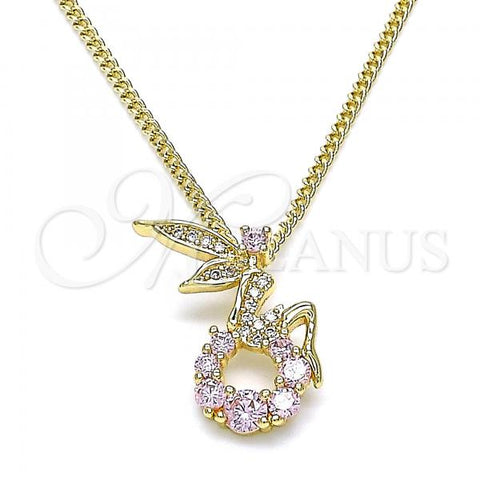 Oro Laminado Pendant Necklace, Gold Filled Style Angel Design, with Pink Cubic Zirconia and White Micro Pave, Polished, Golden Finish, 04.156.0458.1.20