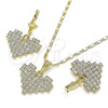 Oro Laminado Earring and Pendant Adult Set, Gold Filled Style Heart Design, with White Crystal, Polished, Golden Finish, 10.380.0003