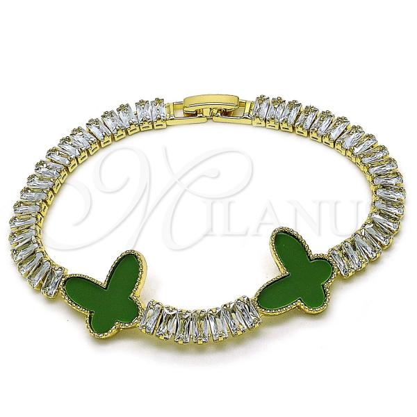 Oro Laminado Fancy Bracelet, Gold Filled Style Butterfly and Baguette Design, with Light Green Mother of Pearl and White Cubic Zirconia, Polished, Golden Finish, 03.284.0051.2.07