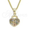 Oro Laminado Pendant Necklace, Gold Filled Style Lock and Heart Design, with Multicolor Micro Pave, Polished, Golden Finish, 04.156.0303.3.20