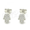 Sterling Silver Stud Earring, Hand of God Design, with White Cubic Zirconia, Polished, Rhodium Finish, 02.336.0159