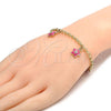 Oro Laminado Charm Bracelet, Gold Filled Style Star and Rolo Design, with White Crystal, Pink Enamel Finish, Golden Finish, 03.63.1358.07