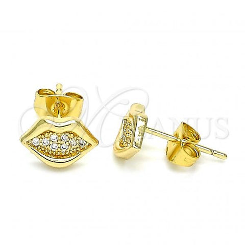 Oro Laminado Stud Earring, Gold Filled Style Lips Design, with White Micro Pave, Polished, Golden Finish, 02.344.0105