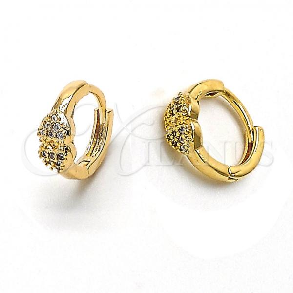 Oro Laminado Huggie Hoop, Gold Filled Style Heart Design, with White Cubic Zirconia, Polished, Golden Finish, 02.165.0001
