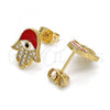 Oro Laminado Stud Earring, Gold Filled Style Hand of God Design, with White and Black Micro Pave, Red Enamel Finish, Golden Finish, 02.213.0269