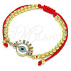 Oro Laminado Adjustable Bolo Bracelet, Gold Filled Style Evil Eye and Ball Design, with Multicolor Cubic Zirconia and Multicolor Micro Pave, White Enamel Finish, Golden Finish, 03.381.0031.10