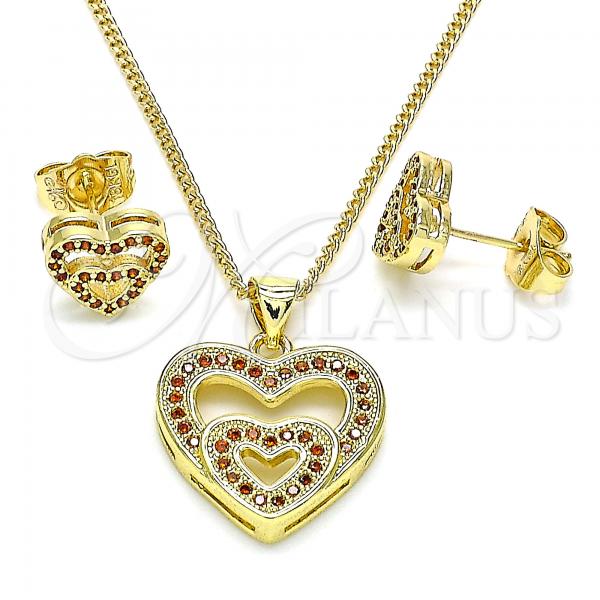 Oro Laminado Earring and Pendant Adult Set, Gold Filled Style Heart Design, with Garnet Micro Pave, Polished, Golden Finish, 10.156.0410.1