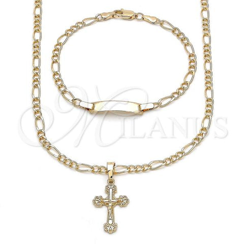 Oro Laminado Necklace and Bracelet, Gold Filled Style Crucifix and Figaro Design, Polished, Golden Finish, 06.63.0281