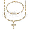 Oro Laminado Necklace and Bracelet, Gold Filled Style Crucifix and Figaro Design, Polished, Golden Finish, 06.63.0281