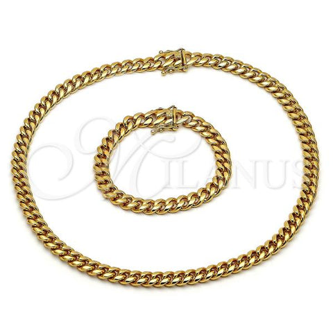 Stainless Steel Necklace and Bracelet, Miami Cuban Design, Polished, Golden Finish, 06.116.0038.1