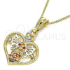 Oro Laminado Pendant Necklace, Gold Filled Style Heart and Butterfly Design, with Garnet and White Crystal, Polished, Tricolor, 04.351.0022.20