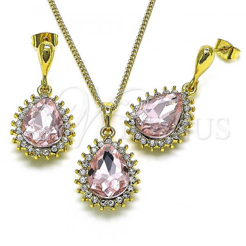 Oro Laminado Earring and Pendant Adult Set, Gold Filled Style Teardrop Design, with Pink and White Crystal, Polished, Golden Finish, 10.379.0045.2