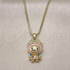 Oro Laminado Pendant Necklace, Gold Filled Style Box and Bow Design, with White Cubic Zirconia, Dark Pink Enamel Finish, Golden Finish, 04.156.0468.2.18