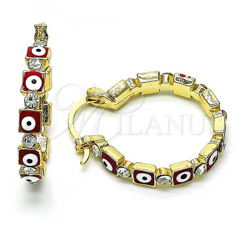 Oro Laminado Small Hoop, Gold Filled Style Evil Eye Design, with White Crystal, Red Enamel Finish, Golden Finish, 02.213.0365.25