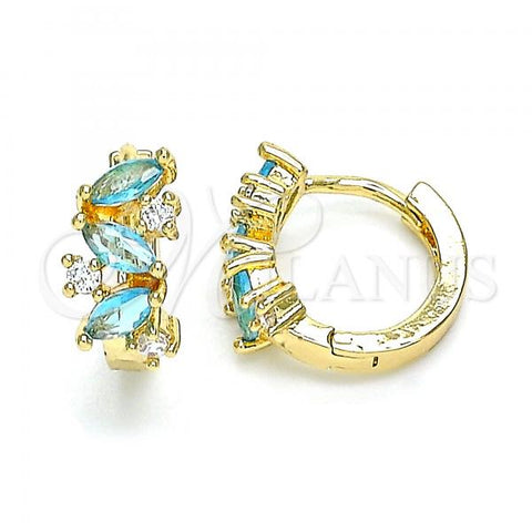 Oro Laminado Huggie Hoop, Gold Filled Style Leaf Design, with Aqua Blue and White Cubic Zirconia, Polished, Golden Finish, 02.210.0655.1.15