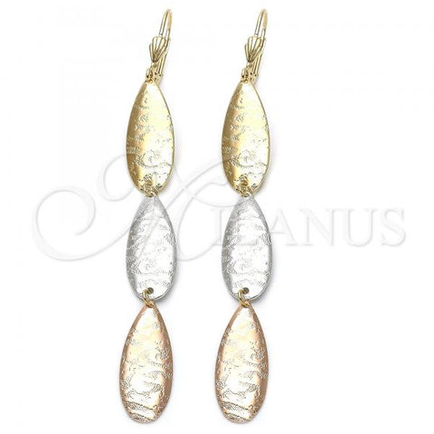 Oro Laminado Long Earring, Gold Filled Style Leaf Design, Tricolor, 5.096.001